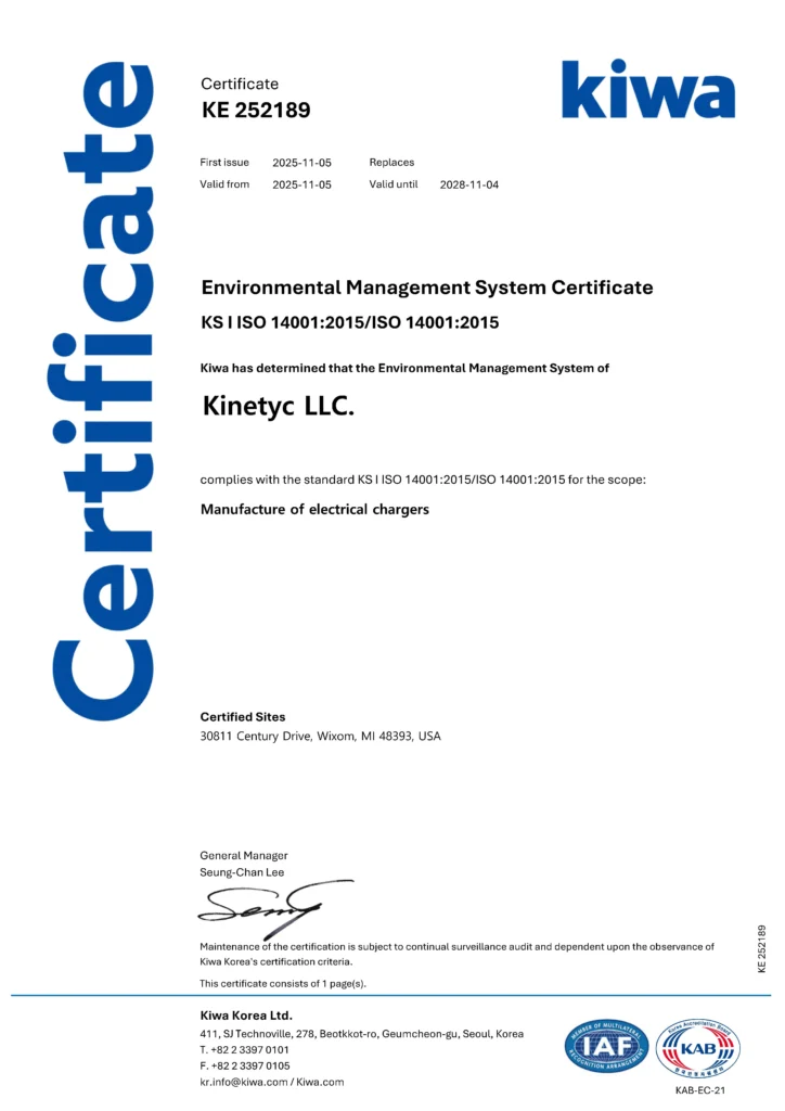 ISO 14001:2015 Environmental Management System certificate for Kinetyc LLC issued by Kiwa Korea Ltd.