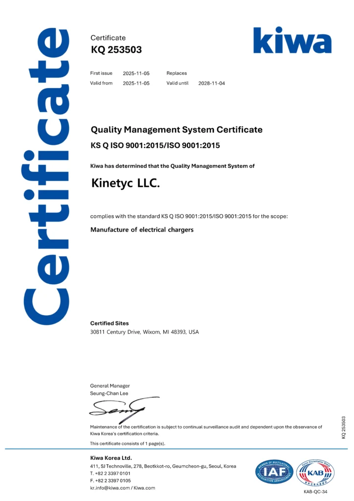 ISO 9001:2015 Quality Management System certificate for Kinetyc LLC issued by Kiwa Korea Ltd.