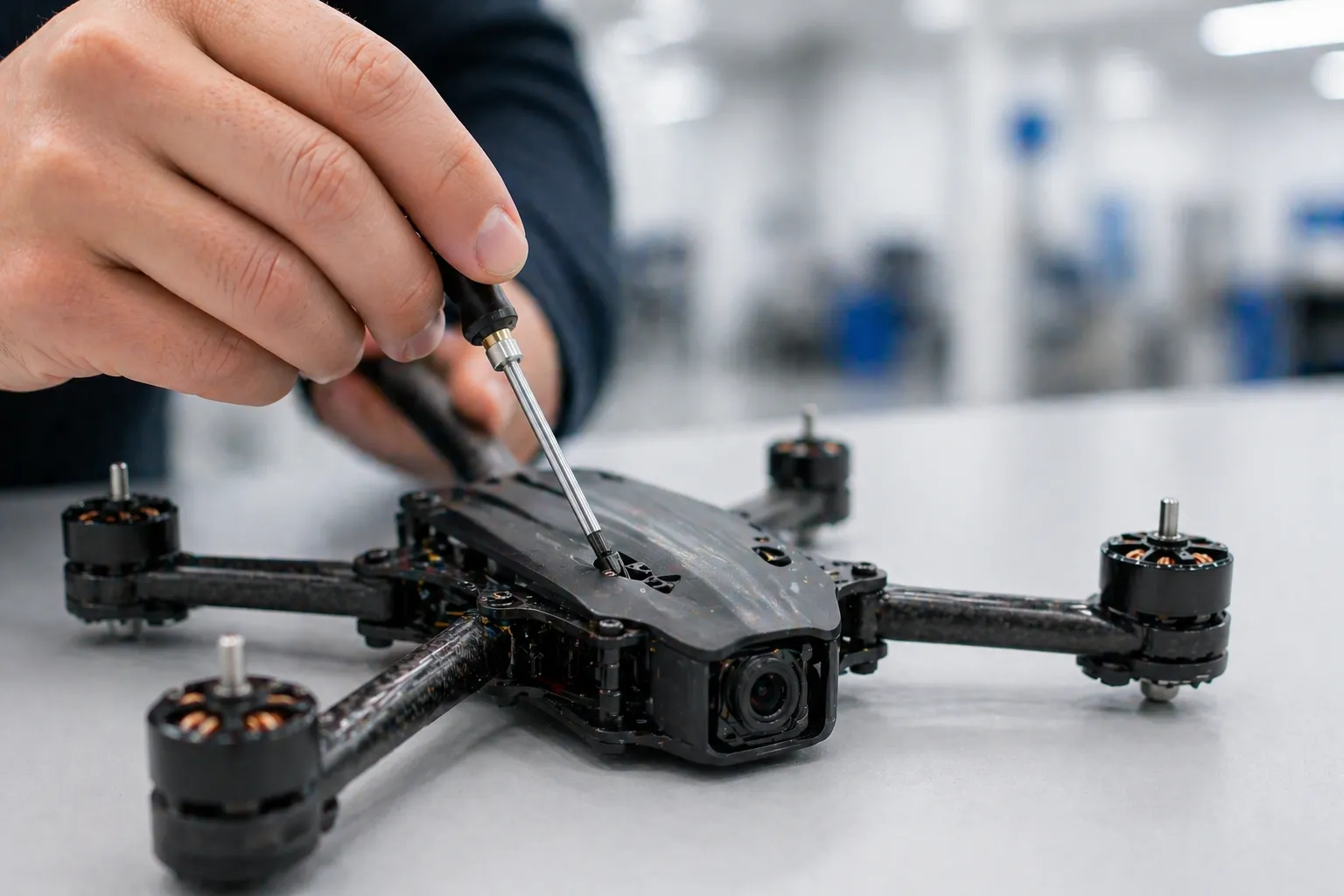 Close-up of a technician assembling a quadcopter drone with a screwdriver in a clean, controlled workspace