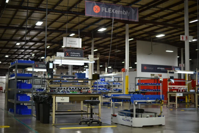 Flexible assembly workstation with Kinetyc FLEXembly station in manufacturing facility.